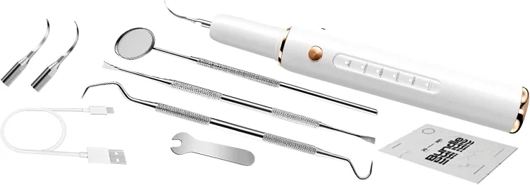 DentoFix kit: ultrasonic cleaner, two cleaning tips, tip wrench, dental mirror, hand tools and USB-C cable