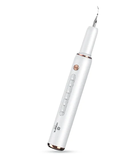 NoBark DentoFix ultrasonic dog teeth cleaner, a white rechargeable pen with a curved metal tip